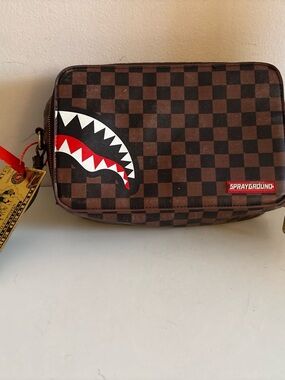 Sprayground Brown Black Checker Shark Toiletry Bag with Red Accent
